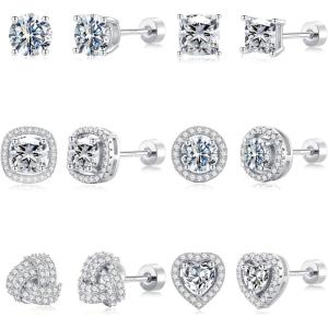 M MOOHAM Hypoallergenic 925 Sterling Silver Post Stud Earrings Set for Women – 14k Gold Plated Silver Flat Back Studs CZ Earrings for Women Men Nickel Free Earring Jackets for Sensitive Ears(“silver)