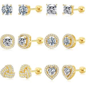 M MOOHAM Hypoallergenic 925 Sterling Silver Post Stud Earrings Set for Women – 14k Gold Plated Silver Flat Back Studs CZ Earrings for Women Men Nickel Free Earring Jackets for Sensitive Ears(gold-plated)