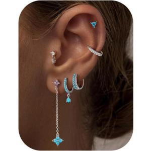 M MOOHAM Hypoallergenic Earrings for Women, 14K Gold Plated Dangle Huggie Earrings for Women Trendy Dainty Gold Hoop Earring Stacks Turquoise Chain Drop Cartilage Earring Fashion Womens Jewelry(Silver Plated)