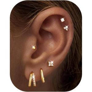M MOOHAM Hypoallergenic Flat Back Earrings for Women – 14K Gold Plated Cartilage Earring Sets Surgical Steel Earring Stacks Small Stud & Hoop for Cartilage Helix Tragus Piercing Jewelry(14K Gold Plated)
