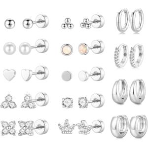 M MOOHAM Hypoallergenic Flatback Stud Hoop Earrings for Women – Surgical Stainless Steel 14K Gold Plated Earrings Trendy Small Hoops Cartilage Earring Stacks Huggie Earring Set for Multiple Piercing Christmas Stocking Stuffer(Silver Plated)