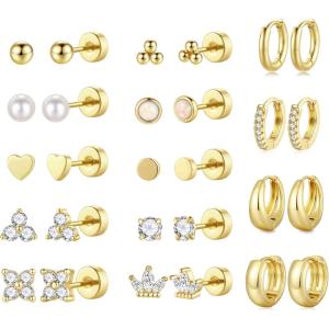 M MOOHAM Hypoallergenic Flatback Stud Hoop Earrings for Women – Surgical Stainless Steel 14K Gold Plated Earrings Trendy Small Hoops Cartilage Earring Stacks Huggie Earring Set for Multiple Piercing Christmas Stocking Stuffer(14K Gold Plated)