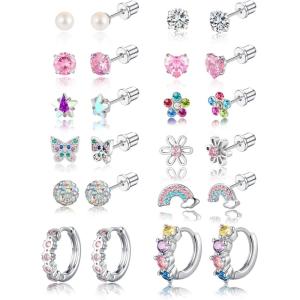 M MOOHAM Hypoallergenic Screw Back Earrings for Girls Kids Women Surgical Steel Flat Back Stud Earrings for Sensitive Ears Cute CZ Ball Heart Flower Screwback Toddler Stud Hoop Earrings Christmas Jewelry Gift(Silver Plated)