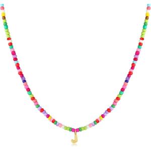 M MOOHAM Stocking Stuffers for Girls Kids – Colorful Beaded Initial Necklaces for Women Girls Jewelry Cute Dainty Bead Bohemian Letter Necklace Birthday Christmas Gifts for Kids Girl Women(J)