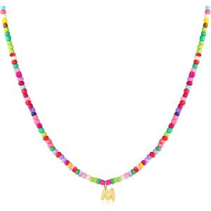 M MOOHAM Stocking Stuffers for Girls Kids – Colorful Beaded Initial Necklaces for Women Girls Jewelry Cute Dainty Bead Bohemian Letter Necklace Birthday Christmas Gifts for Kids Girl Women(M)