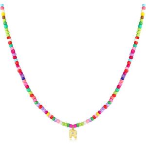 M MOOHAM Stocking Stuffers for Girls Kids – Colorful Beaded Initial Necklaces for Women Girls Jewelry Cute Dainty Bead Bohemian Letter Necklace Birthday Christmas Gifts for Kids Girl Women(R)
