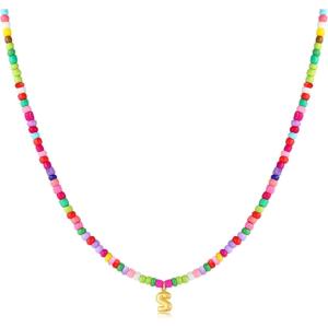 M MOOHAM Stocking Stuffers for Girls Kids – Colorful Beaded Initial Necklaces for Women Girls Jewelry Cute Dainty Bead Bohemian Letter Necklace Birthday Christmas Gifts for Kids Girl Women(S)