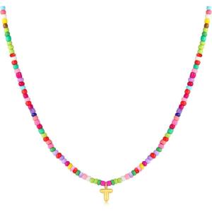 M MOOHAM Stocking Stuffers for Girls Kids – Colorful Beaded Initial Necklaces for Women Girls Jewelry Cute Dainty Bead Bohemian Letter Necklace Birthday Christmas Gifts for Kids Girl Women(T)