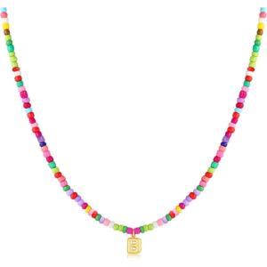 M MOOHAM Stocking Stuffers for Girls Kids – Colorful Beaded Initial Necklaces for Women Girls Jewelry Cute Dainty Bead Bohemian Letter Necklace Birthday Christmas Gifts for Kids Girl Women(B)