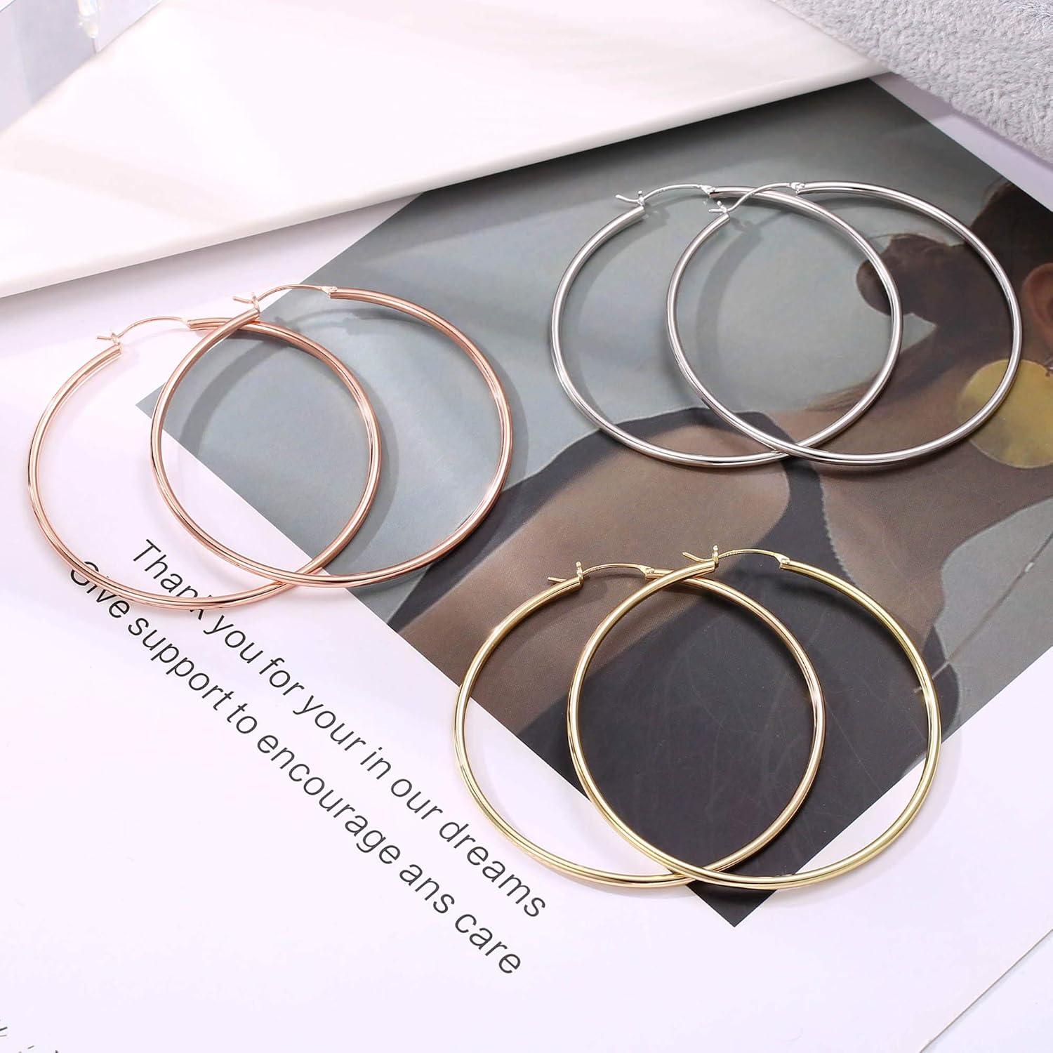 imageM MOOHAM 14KGoldPlated Hoop Earrings for Women Hypoallergenic 14K Gold 925 Sterling silverplated Post Sensitive Ears Nickel Free Hoops Earrings Set for Women Jewelry Lightweight 1360mm3pairs60mmGoldplatedsilverplatedRose