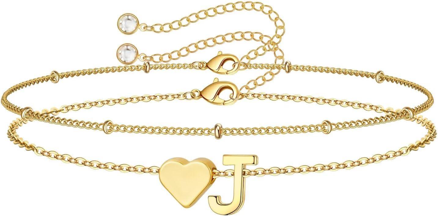 imageM MOOHAM Christmas Gifts for Grandkids Teens Girls 14KGoldPlated Heart Initial Bracelets for Women Girl Dainty Gold Bracelets Birthday Gift Stocking Stuffers for Women Teenage Girls Kids GiftsGoldPlated