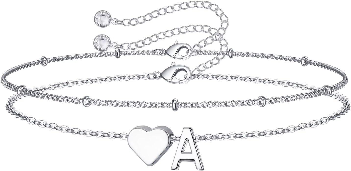 imageM MOOHAM Christmas Gifts for Grandkids Teens Girls 14KGoldPlated Heart Initial Bracelets for Women Girl Dainty Gold Bracelets Birthday Gift Stocking Stuffers for Women Teenage Girls Kids GiftsSilverPlated