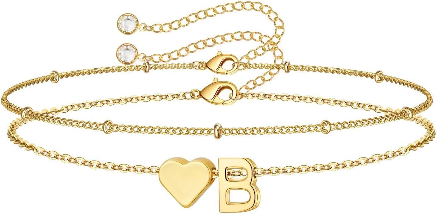 imageM MOOHAM Christmas Gifts for Grandkids Teens Girls 14KGoldPlated Heart Initial Bracelets for Women Girl Dainty Gold Bracelets Birthday Gift Stocking Stuffers for Women Teenage Girls Kids GiftsGoldPlated