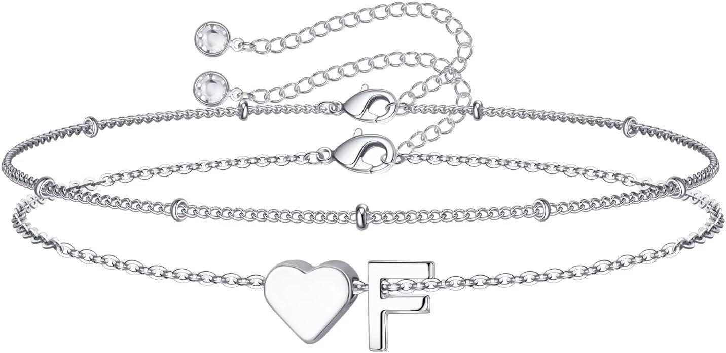 imageM MOOHAM Christmas Gifts for Grandkids Teens Girls 14KGoldPlated Heart Initial Bracelets for Women Girl Dainty Gold Bracelets Birthday Gift Stocking Stuffers for Women Teenage Girls Kids GiftsSilverPlated