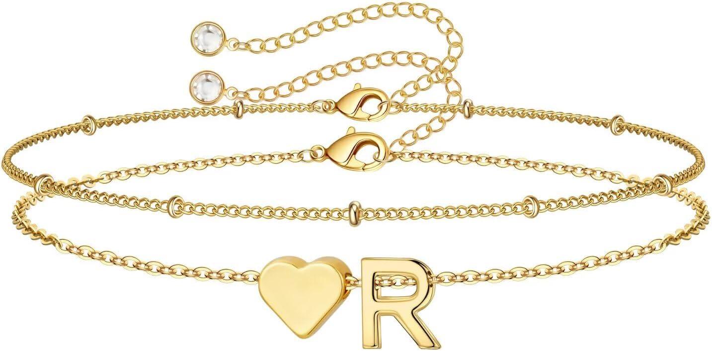 imageM MOOHAM Christmas Gifts for Grandkids Teens Girls 14KGoldPlated Heart Initial Bracelets for Women Girl Dainty Gold Bracelets Birthday Gift Stocking Stuffers for Women Teenage Girls Kids GiftsGoldPlated