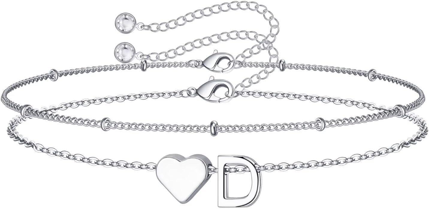 imageM MOOHAM Christmas Gifts for Grandkids Teens Girls 14KGoldPlated Heart Initial Bracelets for Women Girl Dainty Gold Bracelets Birthday Gift Stocking Stuffers for Women Teenage Girls Kids GiftsSilverPlated