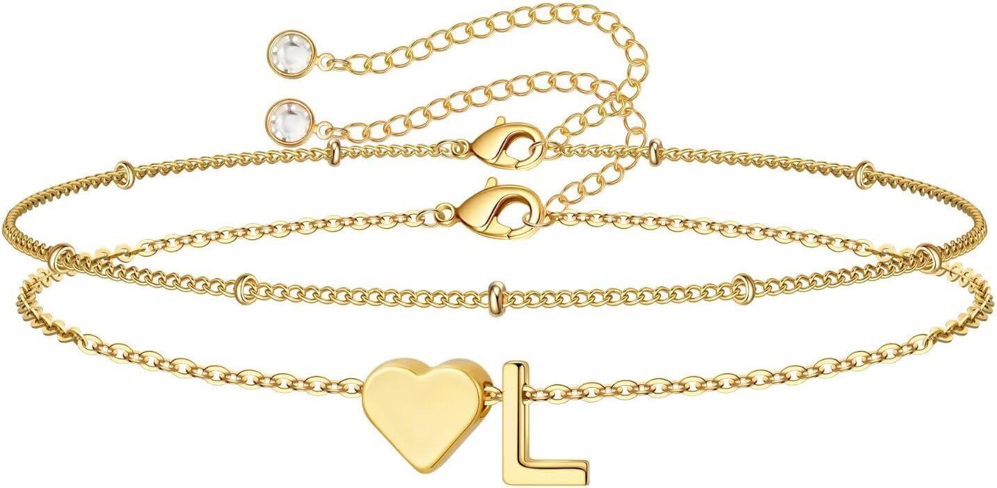 imageM MOOHAM Christmas Gifts for Grandkids Teens Girls 14KGoldPlated Heart Initial Bracelets for Women Girl Dainty Gold Bracelets Birthday Gift Stocking Stuffers for Women Teenage Girls Kids GiftsGoldPlated