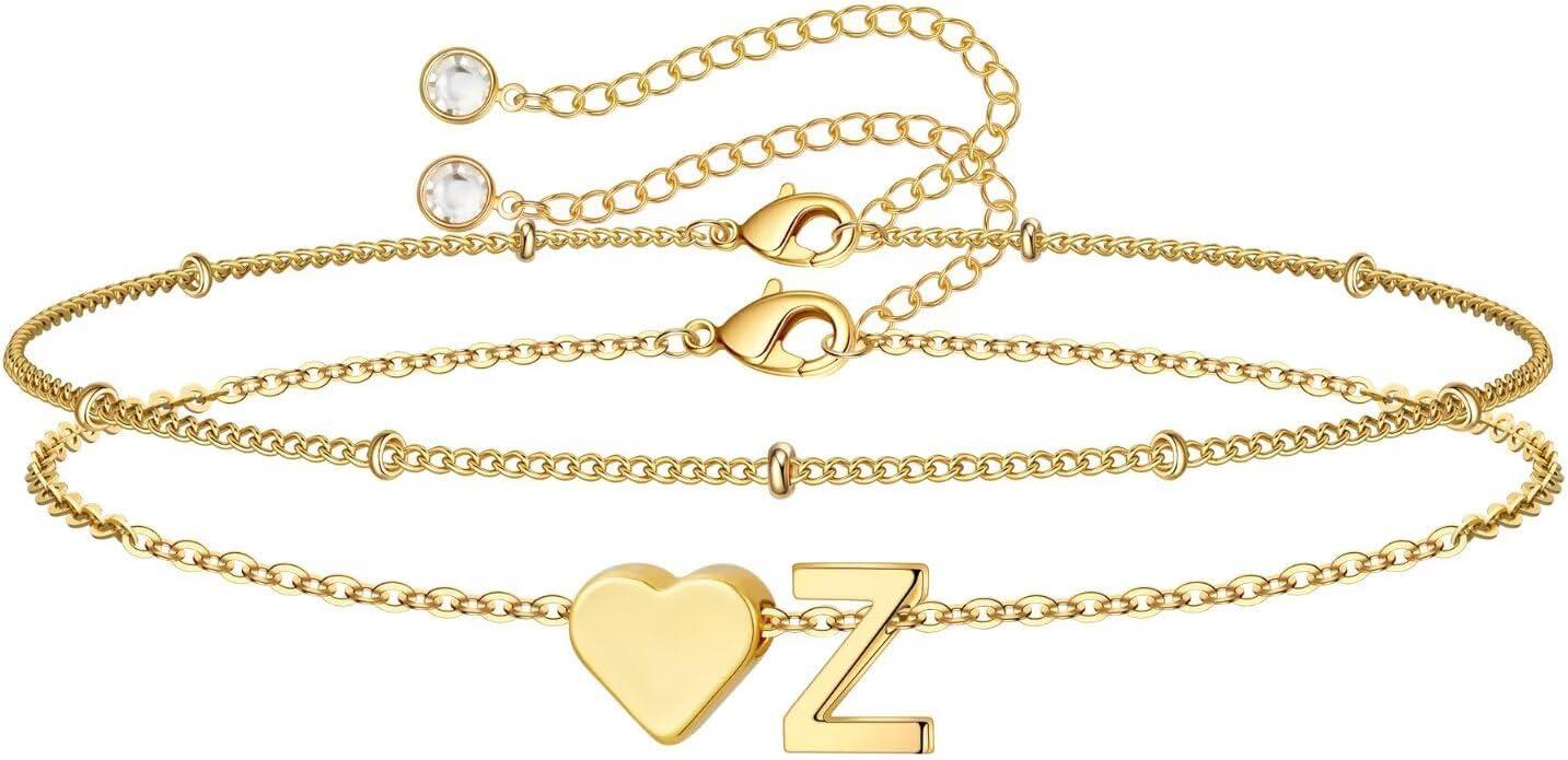imageM MOOHAM Christmas Gifts for Grandkids Teens Girls 14KGoldPlated Heart Initial Bracelets for Women Girl Dainty Gold Bracelets Birthday Gift Stocking Stuffers for Women Teenage Girls Kids GiftsGoldPlated