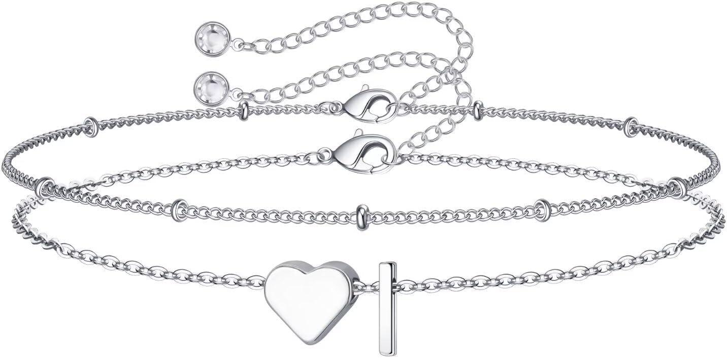 imageM MOOHAM Christmas Gifts for Grandkids Teens Girls 14KGoldPlated Heart Initial Bracelets for Women Girl Dainty Gold Bracelets Birthday Gift Stocking Stuffers for Women Teenage Girls Kids GiftsSilverPlated
