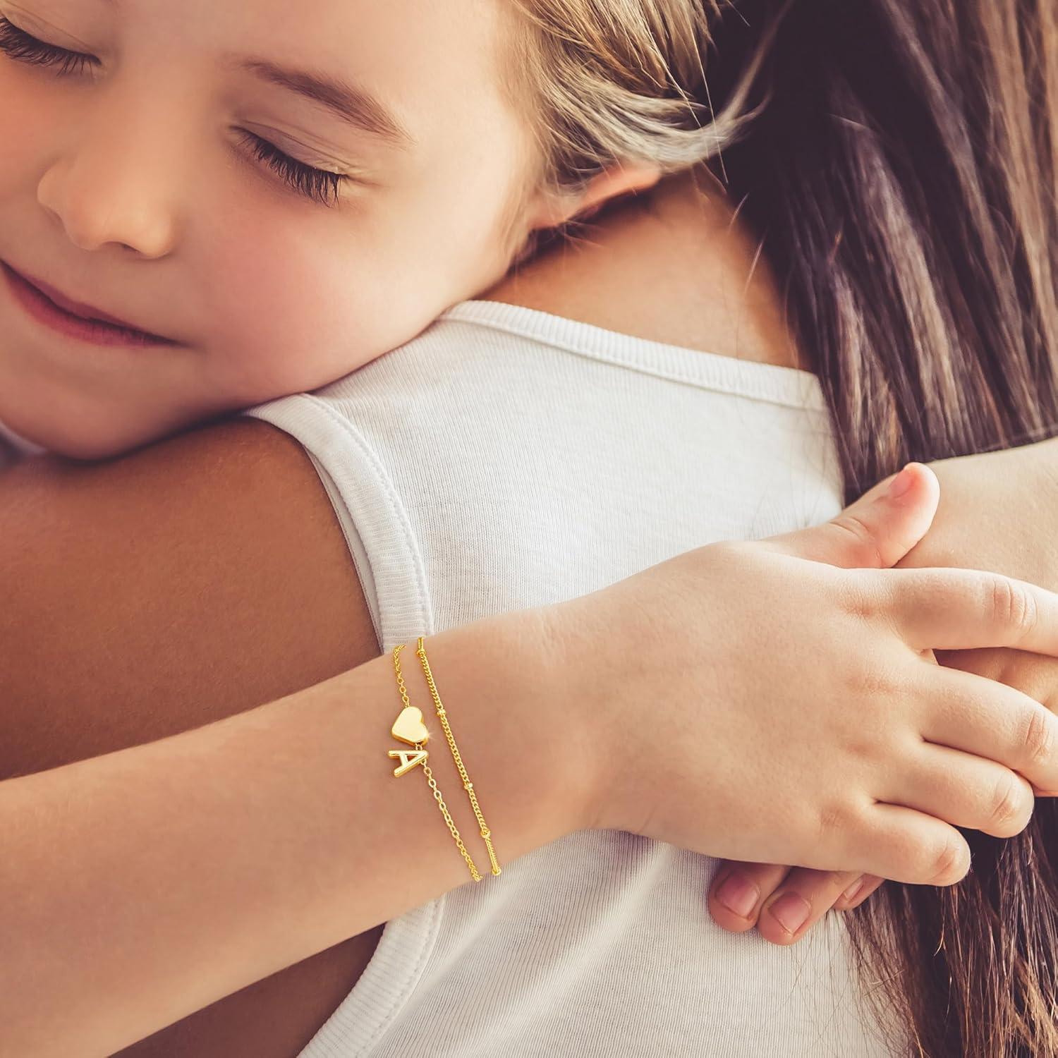 imageM MOOHAM Christmas Gifts for Grandkids Teens Girls 14KGoldPlated Heart Initial Bracelets for Women Girl Dainty Gold Bracelets Birthday Gift Stocking Stuffers for Women Teenage Girls Kids GiftsGoldPlated