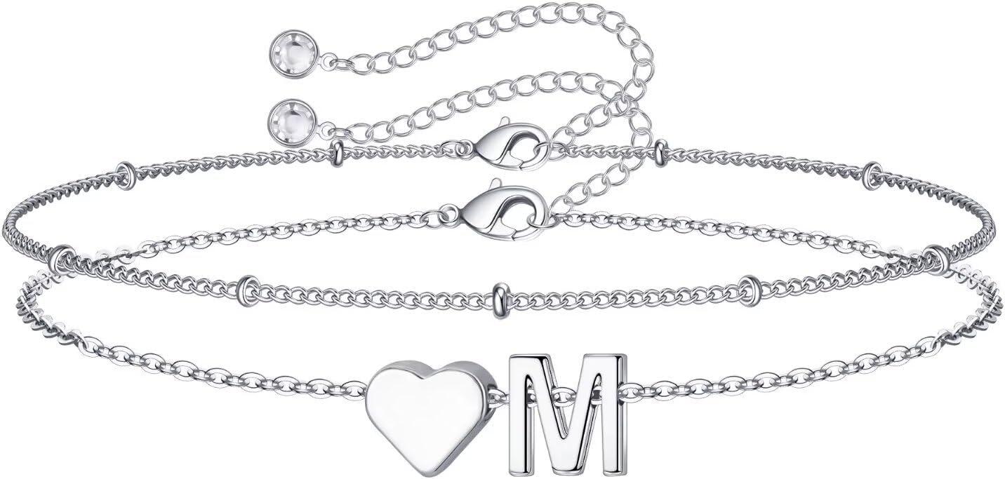 imageM MOOHAM Christmas Gifts for Grandkids Teens Girls 14KGoldPlated Heart Initial Bracelets for Women Girl Dainty Gold Bracelets Birthday Gift Stocking Stuffers for Women Teenage Girls Kids GiftsSilverPlated