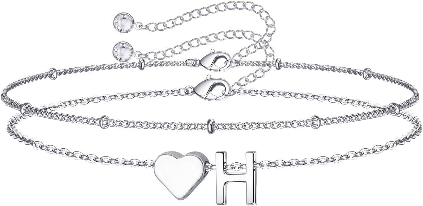 imageM MOOHAM Christmas Gifts for Grandkids Teens Girls 14KGoldPlated Heart Initial Bracelets for Women Girl Dainty Gold Bracelets Birthday Gift Stocking Stuffers for Women Teenage Girls Kids GiftsSilverPlated