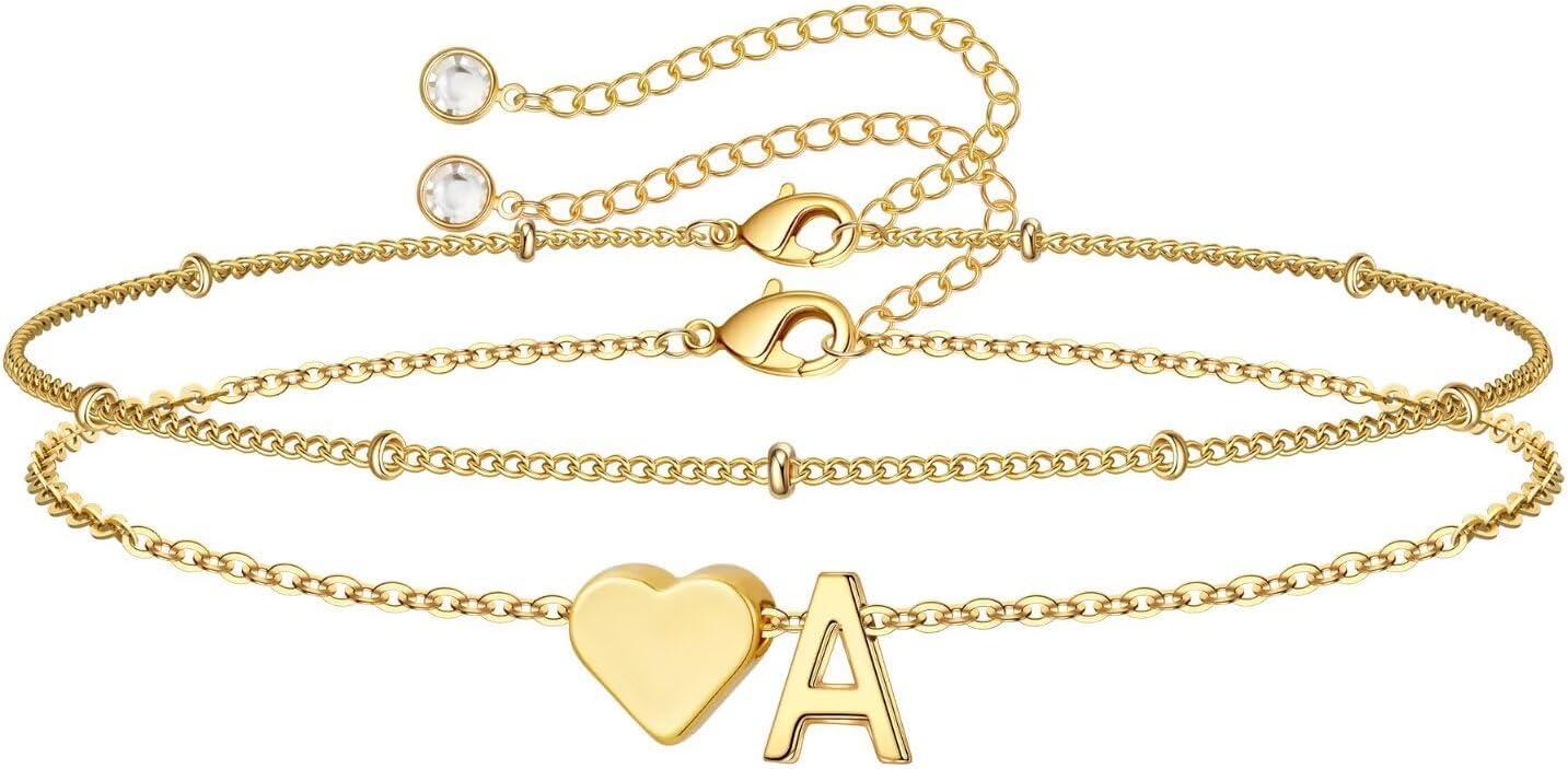imageM MOOHAM Christmas Gifts for Grandkids Teens Girls 14KGoldPlated Heart Initial Bracelets for Women Girl Dainty Gold Bracelets Birthday Gift Stocking Stuffers for Women Teenage Girls Kids GiftsGoldPlated