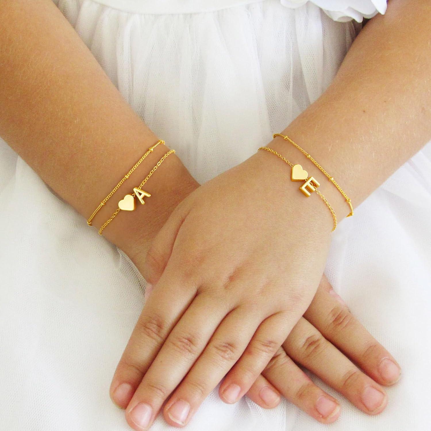 imageM MOOHAM Christmas Gifts for Grandkids Teens Girls 14KGoldPlated Heart Initial Bracelets for Women Girl Dainty Gold Bracelets Birthday Gift Stocking Stuffers for Women Teenage Girls Kids GiftsGoldPlated