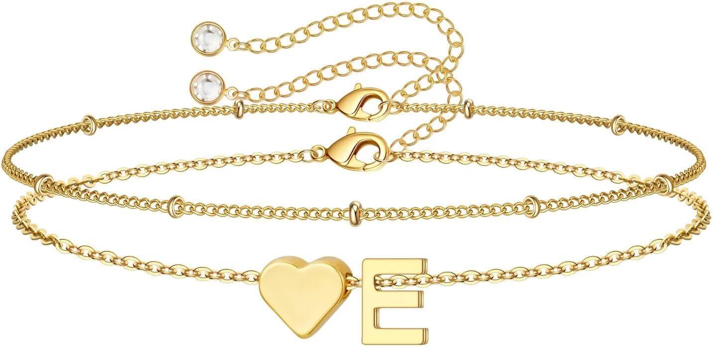 imageM MOOHAM Christmas Gifts for Grandkids Teens Girls 14KGoldPlated Heart Initial Bracelets for Women Girl Dainty Gold Bracelets Birthday Gift Stocking Stuffers for Women Teenage Girls Kids GiftsGoldPlated