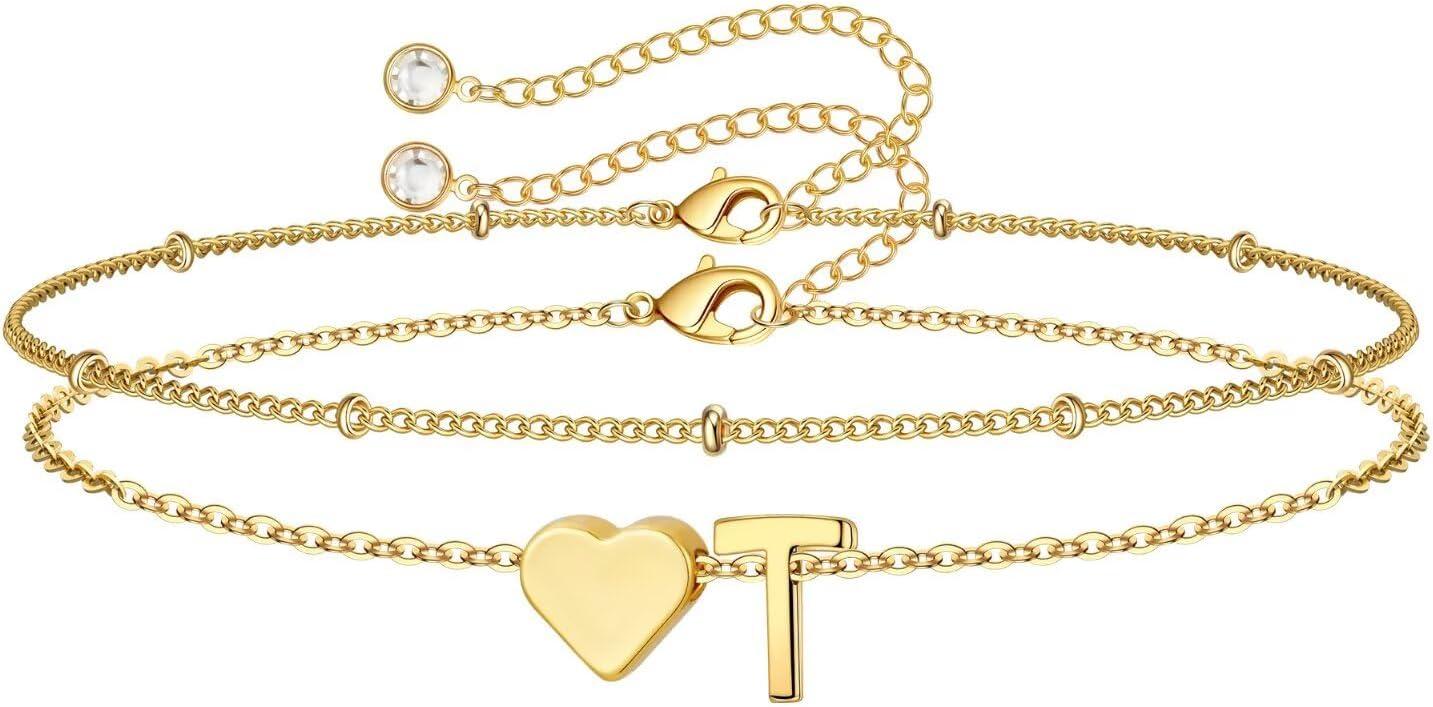 imageM MOOHAM Christmas Gifts for Grandkids Teens Girls 14KGoldPlated Heart Initial Bracelets for Women Girl Dainty Gold Bracelets Birthday Gift Stocking Stuffers for Women Teenage Girls Kids GiftsGoldPlated