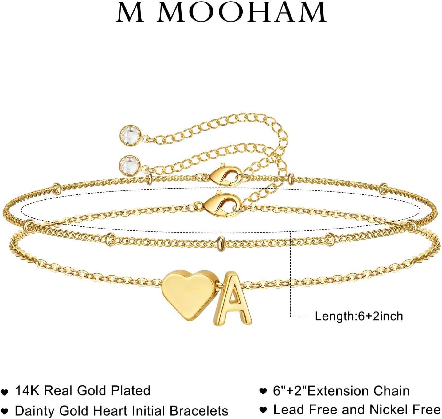 imageM MOOHAM Christmas Gifts for Grandkids Teens Girls 14KGoldPlated Heart Initial Bracelets for Women Girl Dainty Gold Bracelets Birthday Gift Stocking Stuffers for Women Teenage Girls Kids GiftsGoldPlated