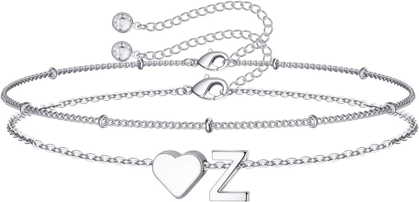 imageM MOOHAM Christmas Gifts for Grandkids Teens Girls 14KGoldPlated Heart Initial Bracelets for Women Girl Dainty Gold Bracelets Birthday Gift Stocking Stuffers for Women Teenage Girls Kids GiftsSilverPlated