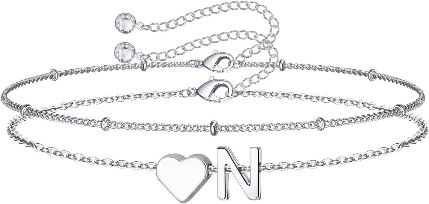 imageM MOOHAM Christmas Gifts for Grandkids Teens Girls 14KGoldPlated Heart Initial Bracelets for Women Girl Dainty Gold Bracelets Birthday Gift Stocking Stuffers for Women Teenage Girls Kids GiftsSilverPlated