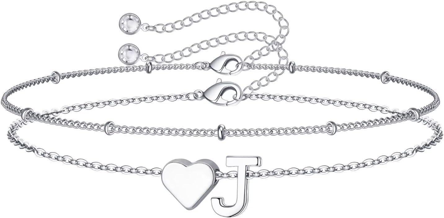 imageM MOOHAM Christmas Gifts for Grandkids Teens Girls 14KGoldPlated Heart Initial Bracelets for Women Girl Dainty Gold Bracelets Birthday Gift Stocking Stuffers for Women Teenage Girls Kids GiftsSilverPlated
