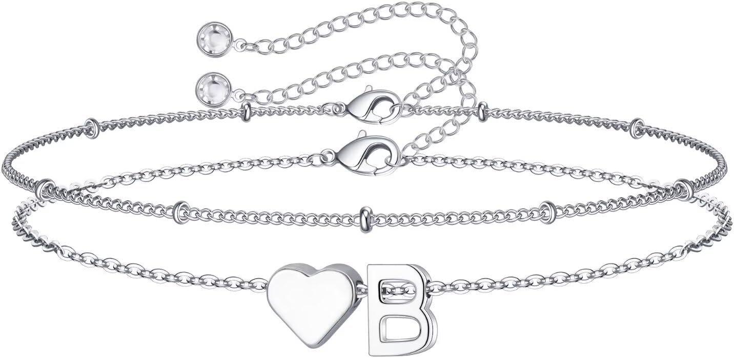 imageM MOOHAM Christmas Gifts for Grandkids Teens Girls 14KGoldPlated Heart Initial Bracelets for Women Girl Dainty Gold Bracelets Birthday Gift Stocking Stuffers for Women Teenage Girls Kids GiftsSilverPlated
