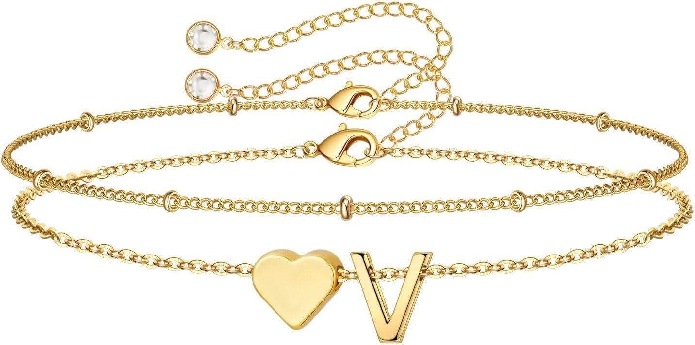 imageM MOOHAM Christmas Gifts for Grandkids Teens Girls 14KGoldPlated Heart Initial Bracelets for Women Girl Dainty Gold Bracelets Birthday Gift Stocking Stuffers for Women Teenage Girls Kids GiftsGoldPlated