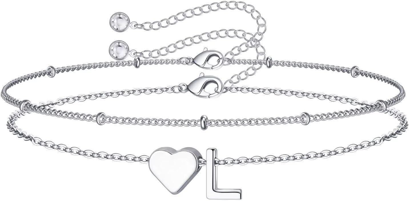 imageM MOOHAM Christmas Gifts for Grandkids Teens Girls 14KGoldPlated Heart Initial Bracelets for Women Girl Dainty Gold Bracelets Birthday Gift Stocking Stuffers for Women Teenage Girls Kids GiftsSilverPlated