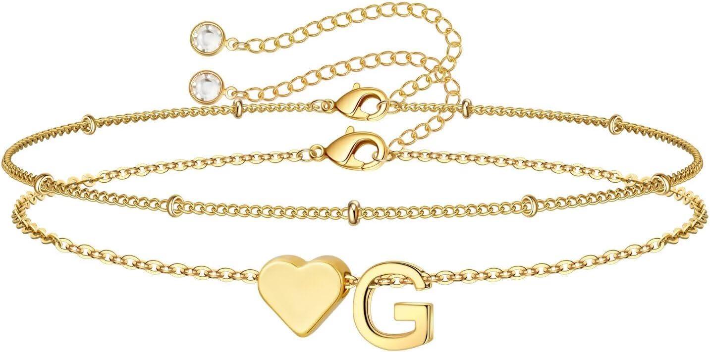 imageM MOOHAM Christmas Gifts for Grandkids Teens Girls 14KGoldPlated Heart Initial Bracelets for Women Girl Dainty Gold Bracelets Birthday Gift Stocking Stuffers for Women Teenage Girls Kids GiftsGoldPlated