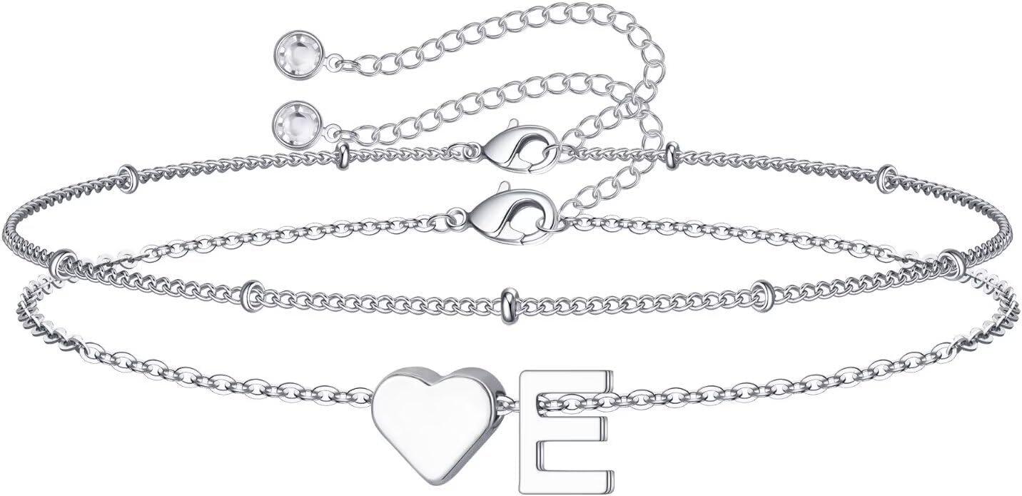 imageM MOOHAM Christmas Gifts for Grandkids Teens Girls 14KGoldPlated Heart Initial Bracelets for Women Girl Dainty Gold Bracelets Birthday Gift Stocking Stuffers for Women Teenage Girls Kids GiftsSilverPlated