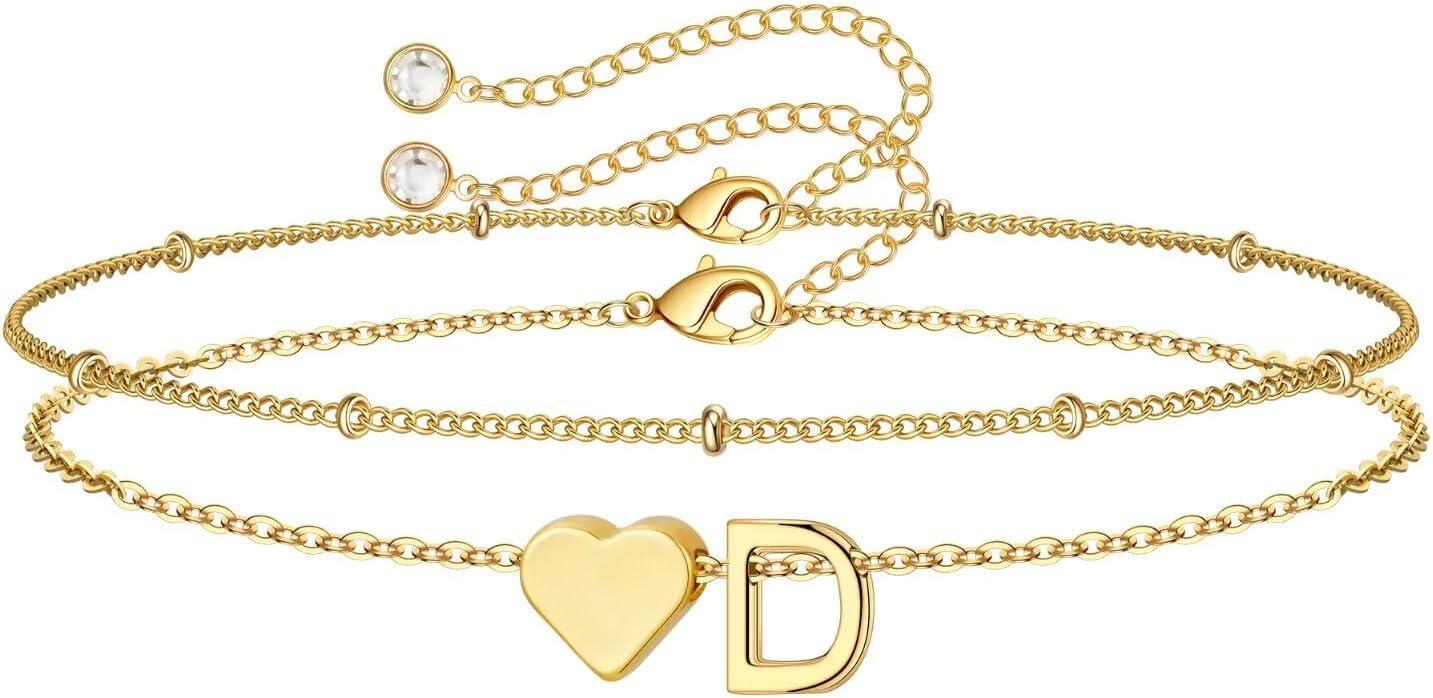 imageM MOOHAM Christmas Gifts for Grandkids Teens Girls 14KGoldPlated Heart Initial Bracelets for Women Girl Dainty Gold Bracelets Birthday Gift Stocking Stuffers for Women Teenage Girls Kids GiftsGoldPlated