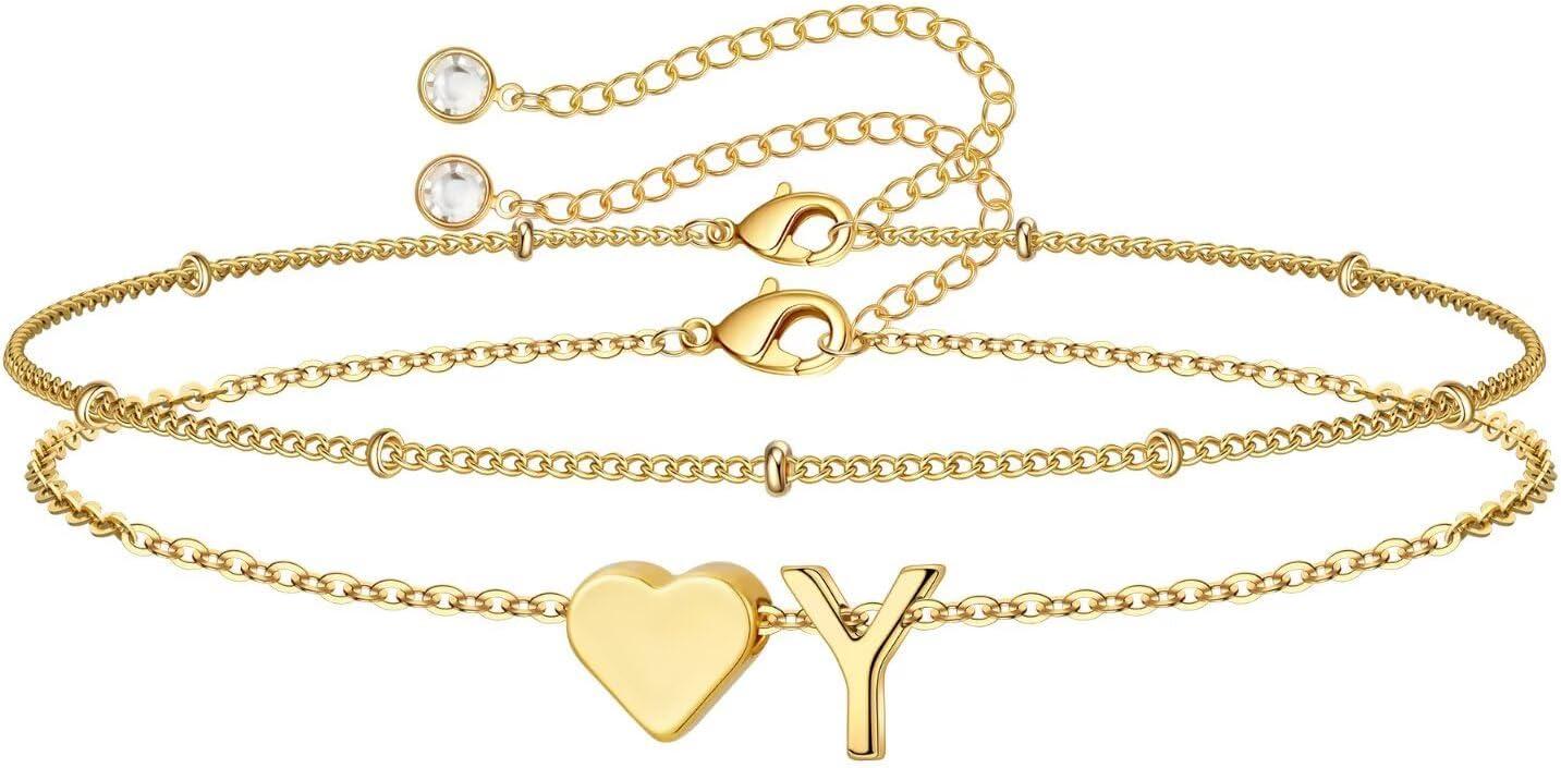 imageM MOOHAM Christmas Gifts for Grandkids Teens Girls 14KGoldPlated Heart Initial Bracelets for Women Girl Dainty Gold Bracelets Birthday Gift Stocking Stuffers for Women Teenage Girls Kids GiftsGoldPlated
