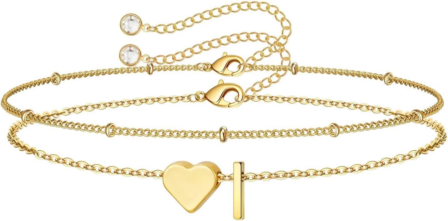 imageM MOOHAM Christmas Gifts for Grandkids Teens Girls 14KGoldPlated Heart Initial Bracelets for Women Girl Dainty Gold Bracelets Birthday Gift Stocking Stuffers for Women Teenage Girls Kids GiftsGoldPlated