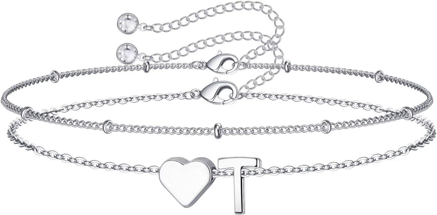 imageM MOOHAM Christmas Gifts for Grandkids Teens Girls 14KGoldPlated Heart Initial Bracelets for Women Girl Dainty Gold Bracelets Birthday Gift Stocking Stuffers for Women Teenage Girls Kids GiftsSilverPlated
