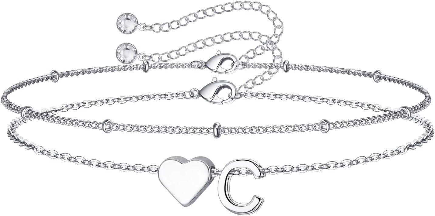 imageM MOOHAM Christmas Gifts for Grandkids Teens Girls 14KGoldPlated Heart Initial Bracelets for Women Girl Dainty Gold Bracelets Birthday Gift Stocking Stuffers for Women Teenage Girls Kids GiftsSilverPlated