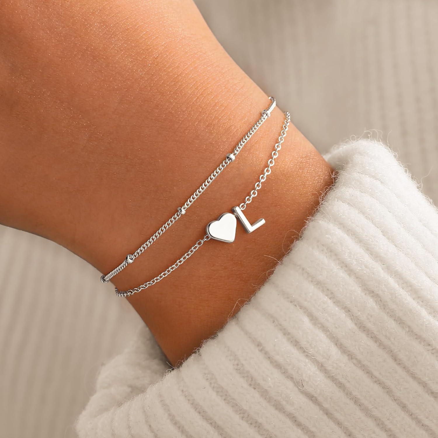 imageM MOOHAM Christmas Gifts for Grandkids Teens Girls 14KGoldPlated Heart Initial Bracelets for Women Girl Dainty Gold Bracelets Birthday Gift Stocking Stuffers for Women Teenage Girls Kids GiftsSilverPlated