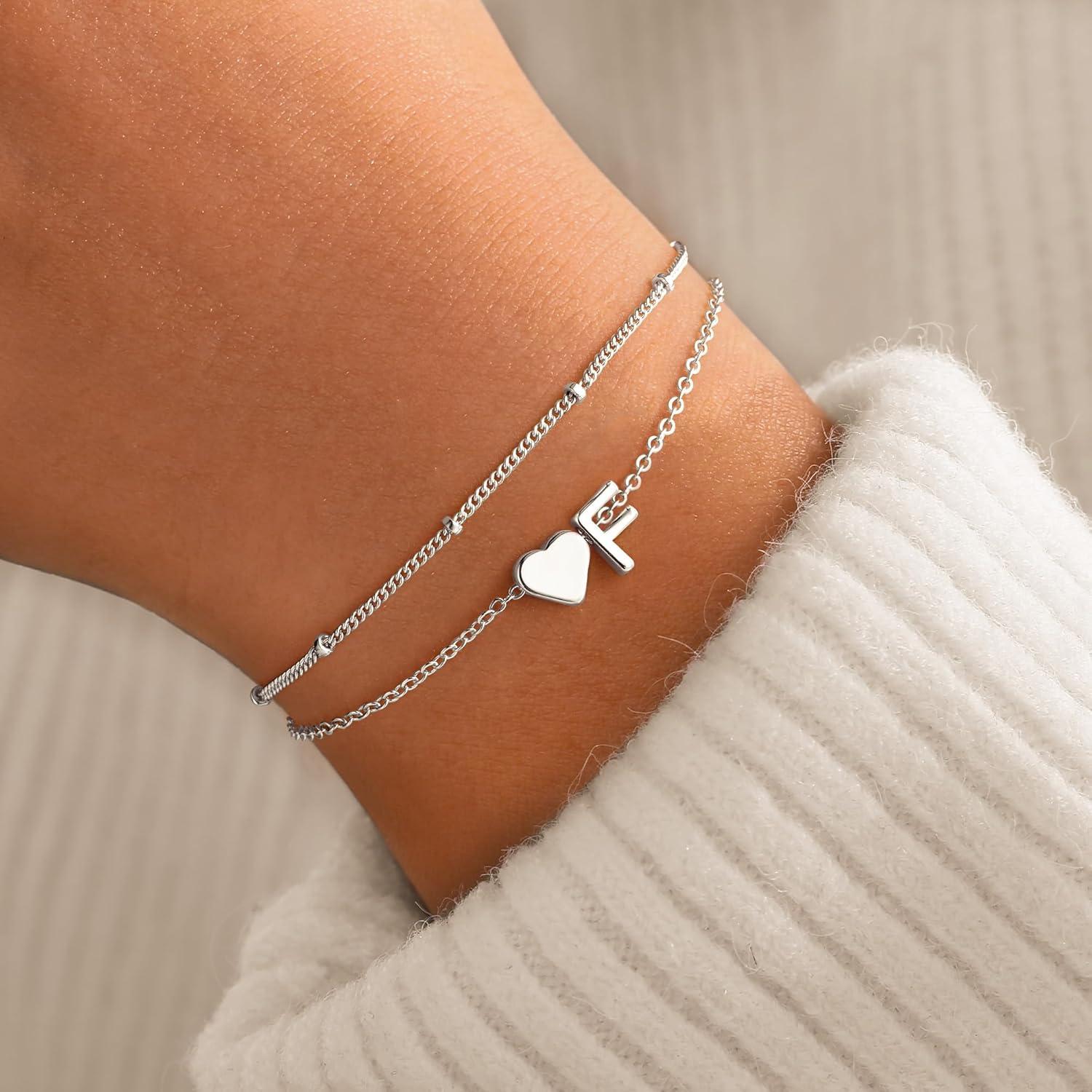 imageM MOOHAM Christmas Gifts for Grandkids Teens Girls 14KGoldPlated Heart Initial Bracelets for Women Girl Dainty Gold Bracelets Birthday Gift Stocking Stuffers for Women Teenage Girls Kids GiftsSilverPlated