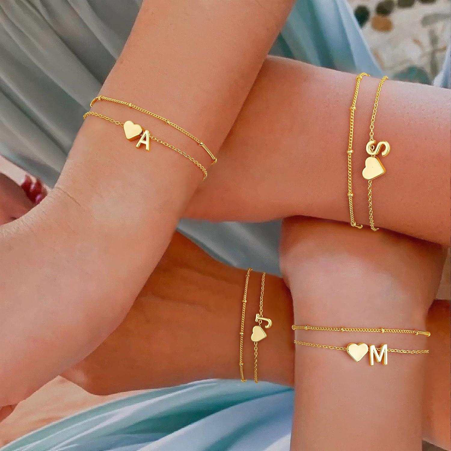 imageM MOOHAM Christmas Gifts for Grandkids Teens Girls 14KGoldPlated Heart Initial Bracelets for Women Girl Dainty Gold Bracelets Birthday Gift Stocking Stuffers for Women Teenage Girls Kids GiftsGoldPlated
