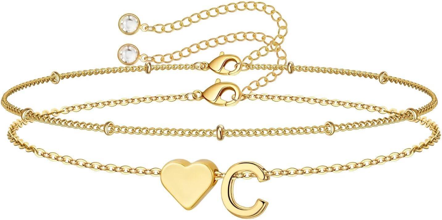 imageM MOOHAM Christmas Gifts for Grandkids Teens Girls 14KGoldPlated Heart Initial Bracelets for Women Girl Dainty Gold Bracelets Birthday Gift Stocking Stuffers for Women Teenage Girls Kids GiftsGoldPlated