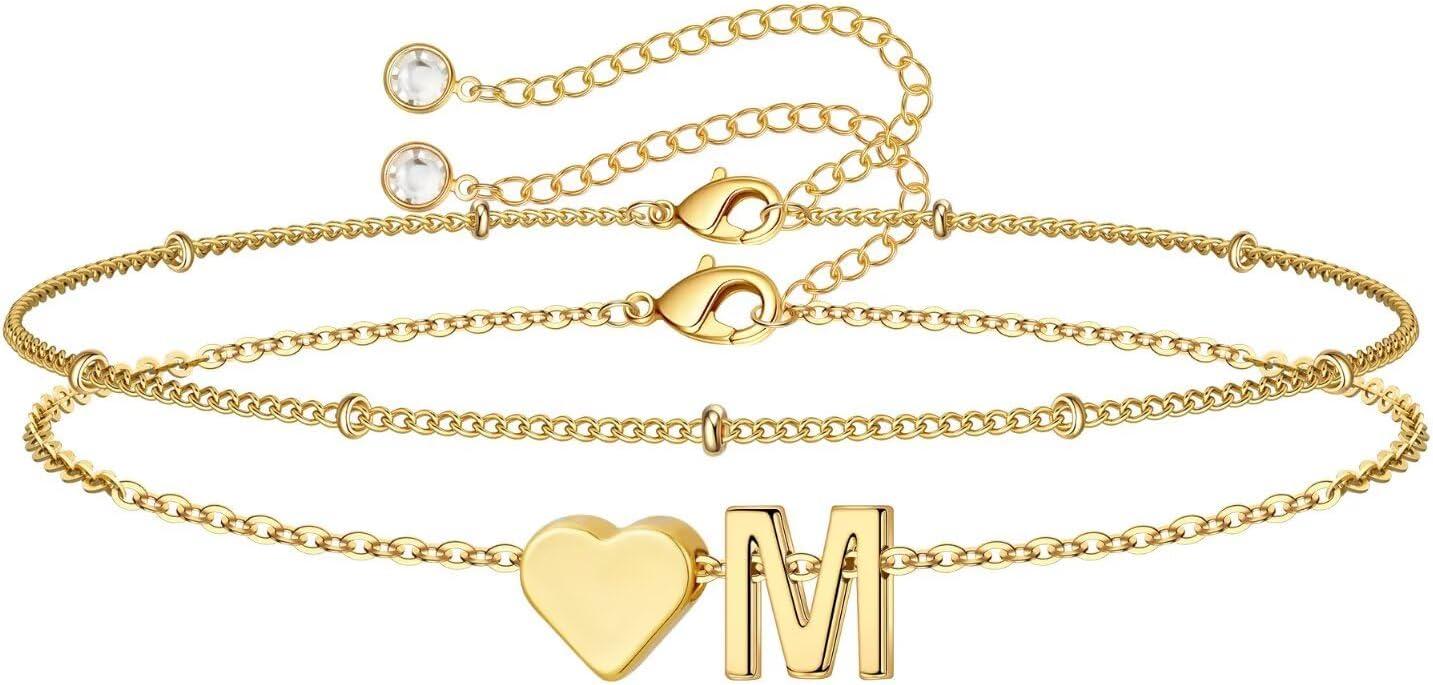 imageM MOOHAM Christmas Gifts for Grandkids Teens Girls 14KGoldPlated Heart Initial Bracelets for Women Girl Dainty Gold Bracelets Birthday Gift Stocking Stuffers for Women Teenage Girls Kids GiftsGoldPlated