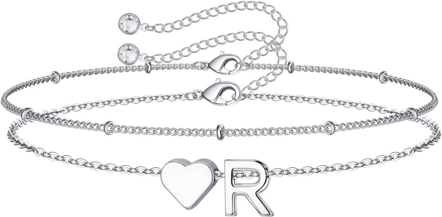 imageM MOOHAM Christmas Gifts for Grandkids Teens Girls 14KGoldPlated Heart Initial Bracelets for Women Girl Dainty Gold Bracelets Birthday Gift Stocking Stuffers for Women Teenage Girls Kids GiftsSilverPlated